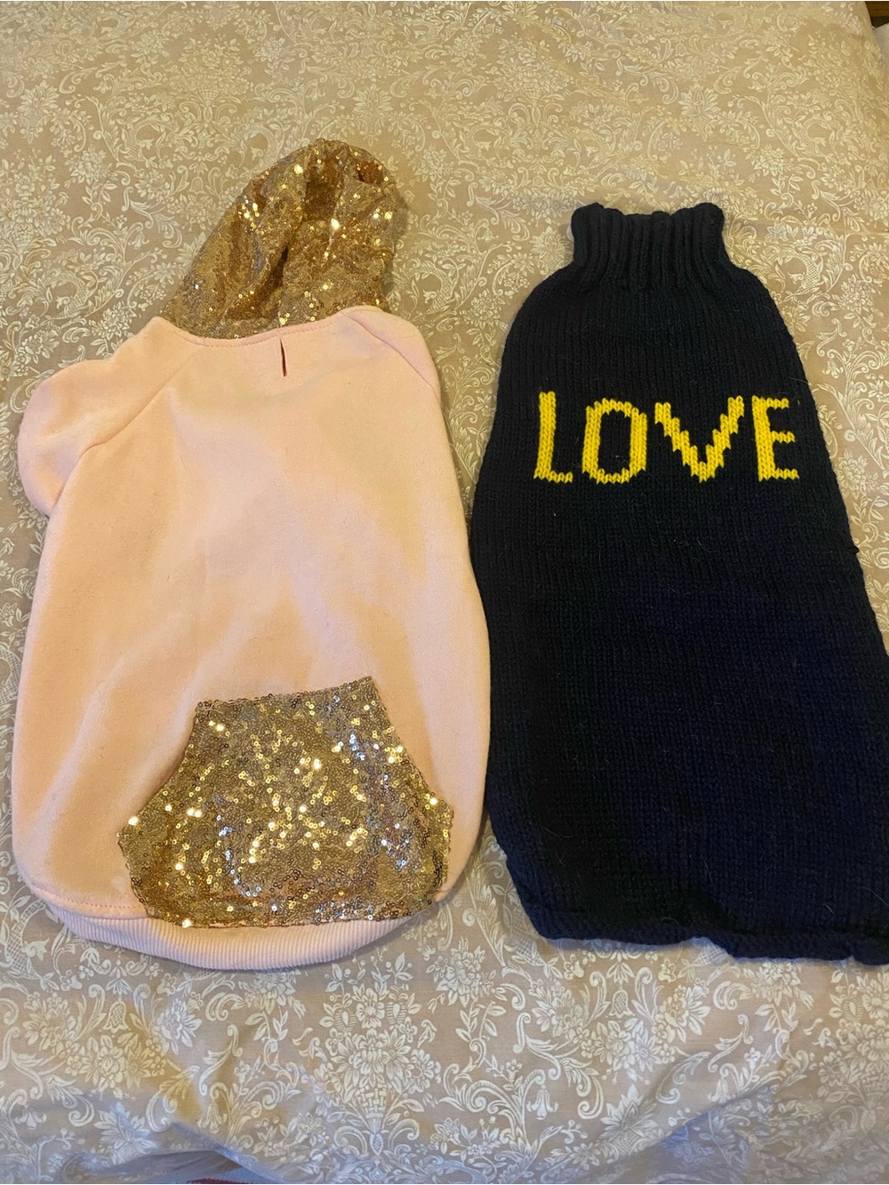 Sequin Hooded Pink Pet Sweater & Navy “LOVE” Knit Sweater Duo